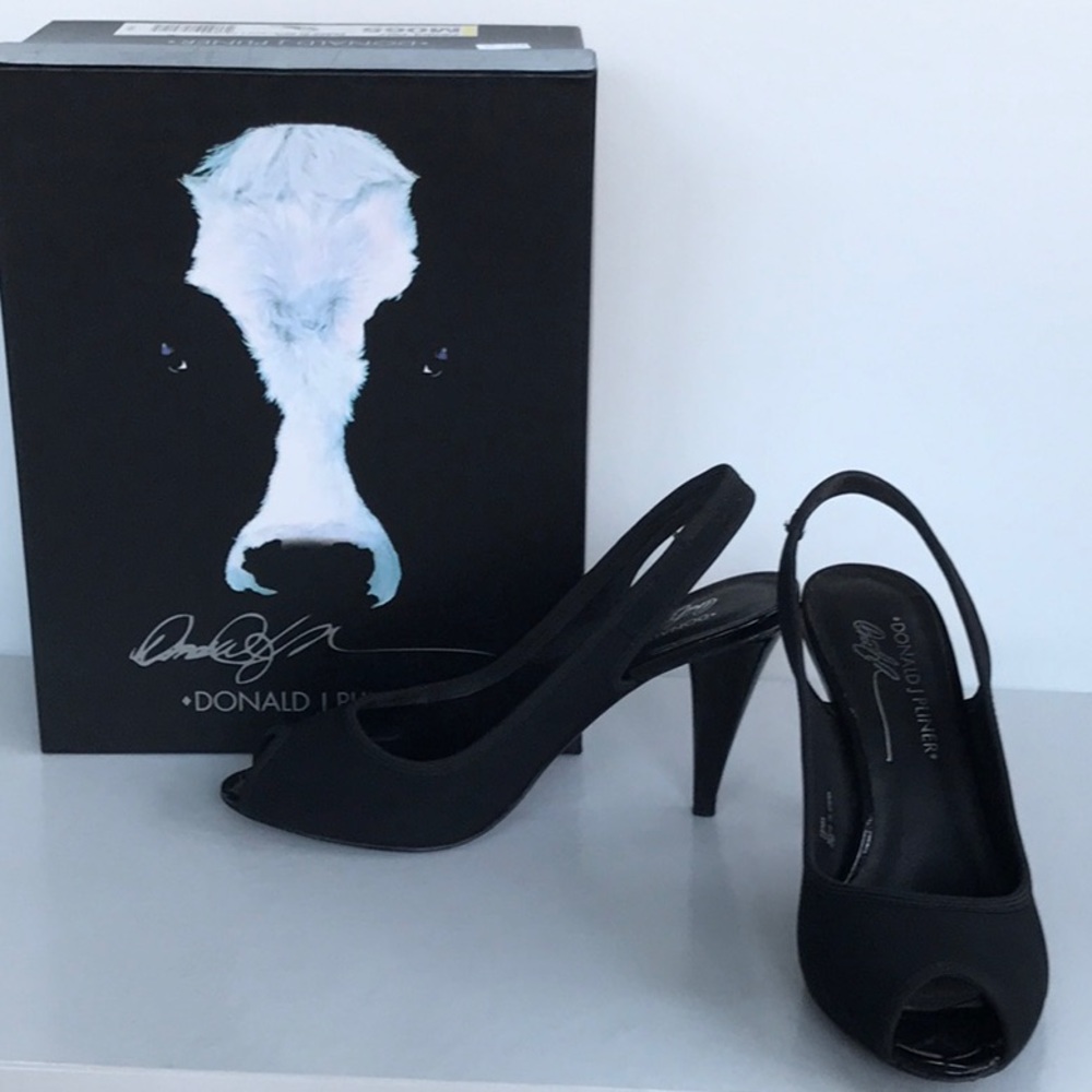 Donald Pliner Black Crepe/Elastic with Patent Slingback Peep-toe Pumps